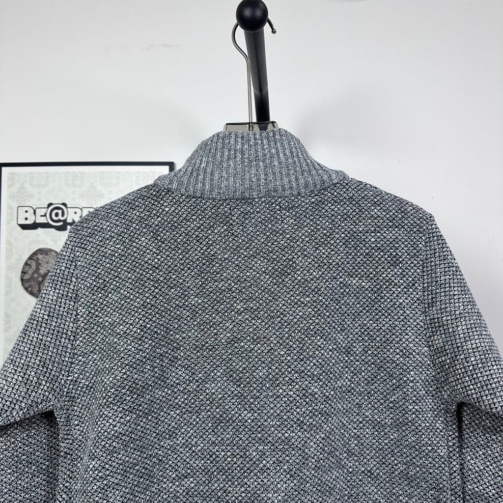 Grey textured knit jacket back with mock neck and ribbed collar