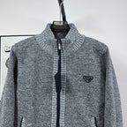 Grey textured knit jacket, full-zip with mock neck and triangle logo on chest