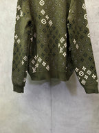 Long-sleeve sweater back, olive green knit with repeating white logo motifs