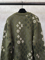Long-sleeve sweater back view, olive green knit with white monogram pattern