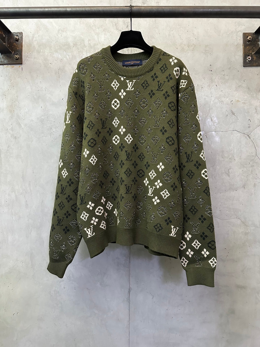 Long-sleeve knit sweater, olive green with white monogram pattern, ribbed crew neck