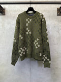 Long-sleeve knit sweater, olive green with white monogram pattern, ribbed crew neck
