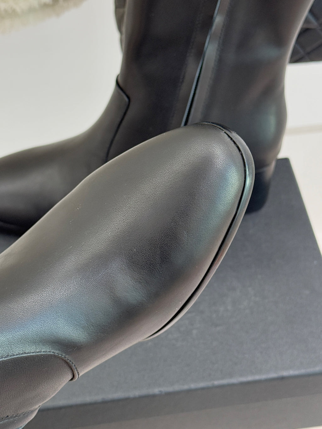 Chanel leather boot toe and curved vamp detail on block heel