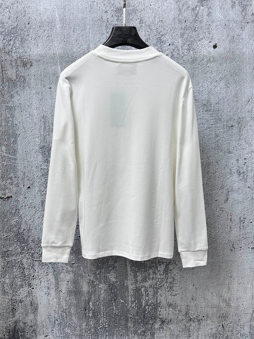 White long-sleeve crew-neck top on hanger, plain back view.