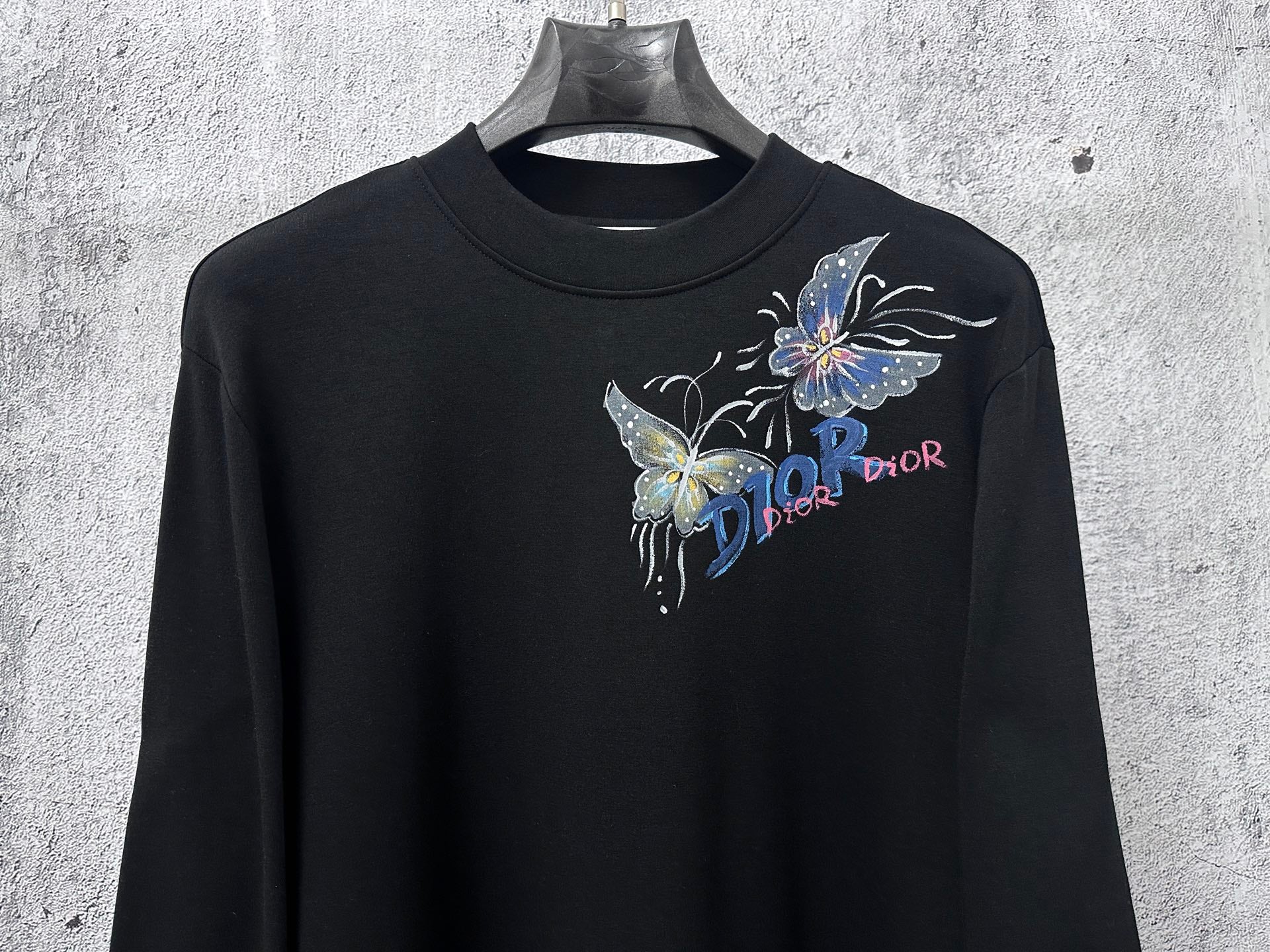 Black long-sleeve sweatshirt with blue butterfly graphic and Dior lettering