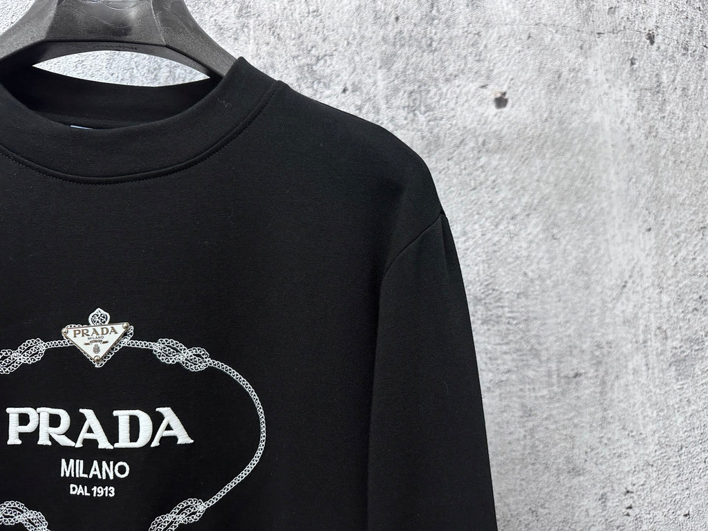 Black long-sleeve sweatshirt neckline and PRADA Milano chest logo detail