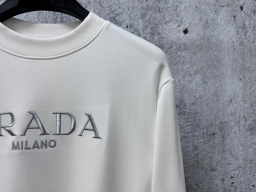 Cream sweatshirt neckline with PRADA Milano logo detail