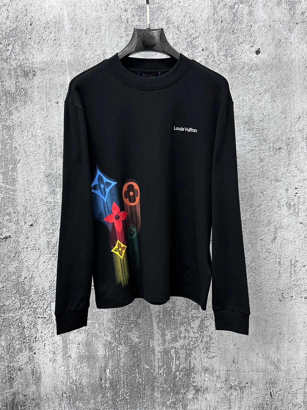 Louis Vuitton long-sleeve sweatshirt, black crewneck with colorful graphic on front