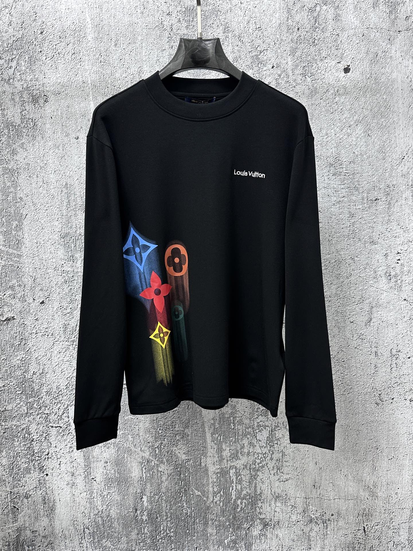 Louis Vuitton long-sleeve sweatshirt, black crewneck with colorful graphic on front