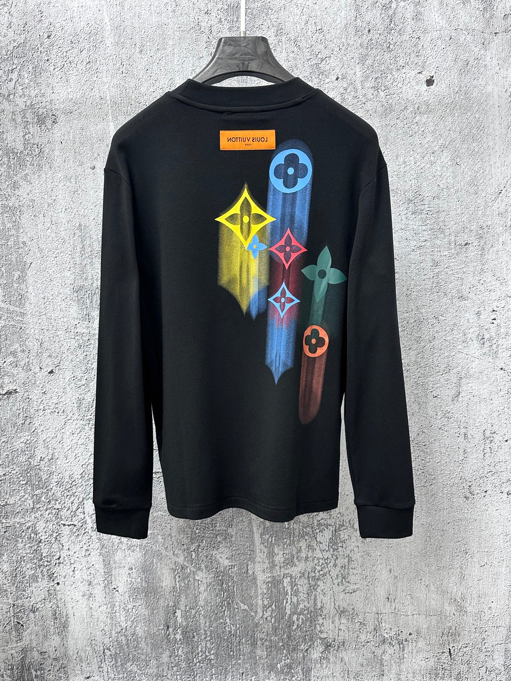 Louis Vuitton long-sleeve sweatshirt, black crewneck with colorful back graphic