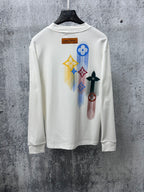 White long-sleeve sweatshirt with colorful back print and Louis Vuitton neckline label