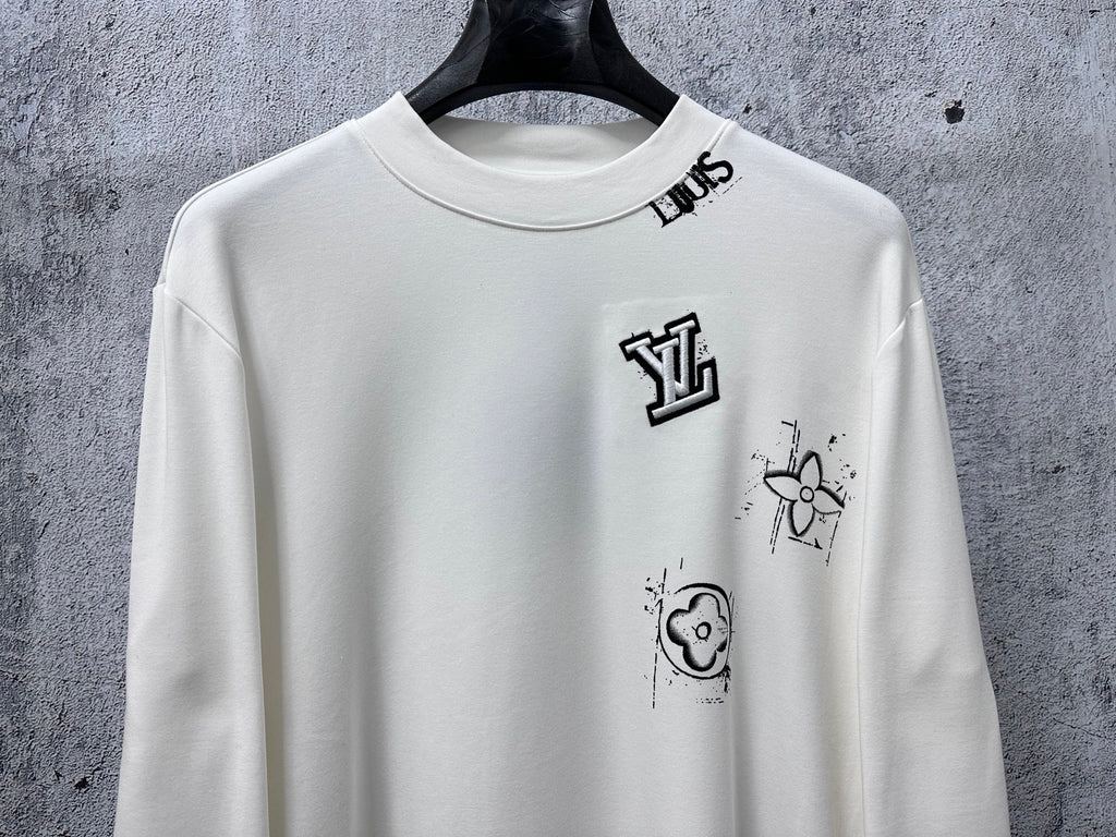 Louis Vuitton white long-sleeve crewneck shirt with front logo and character graphic