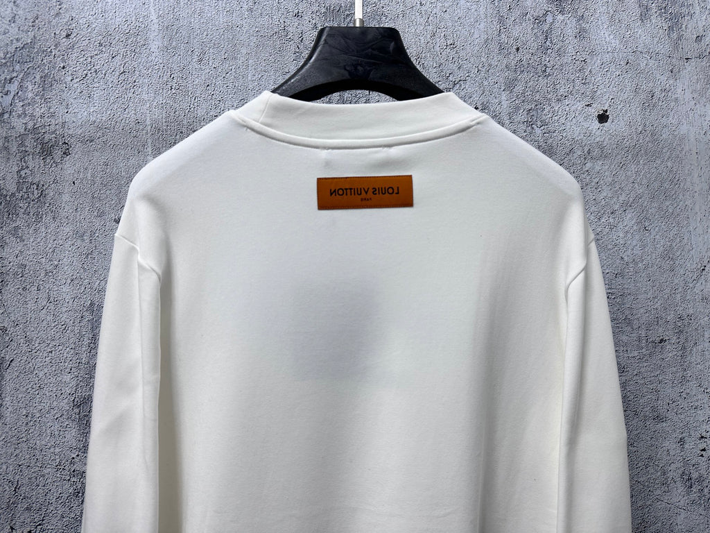 White Louis Vuitton long-sleeve T-shirt back view with rectangular neck tag