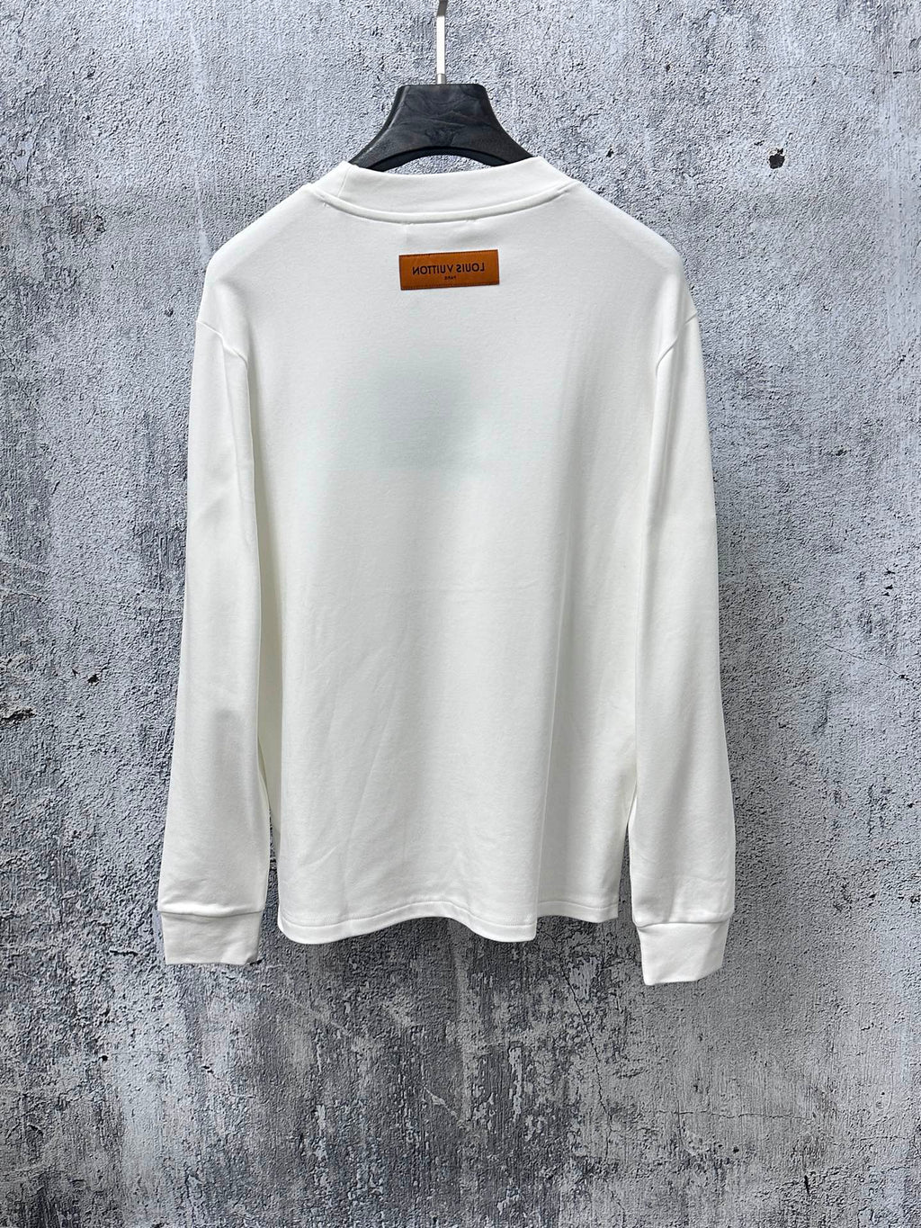 White Louis Vuitton long-sleeve T-shirt back view with neck label