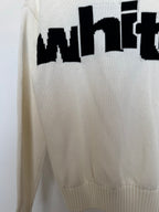 Off-white sweater back with large black logo lettering and ribbed hem