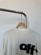 Off-white logo knit sweater with black “off” graphic and ribbed crew neckline