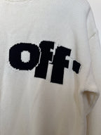 Off-white sweater with oversized black logo lettering on chest