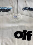 Off-White™ knit sweater detail, off-white with ribbed collar and partial black logo