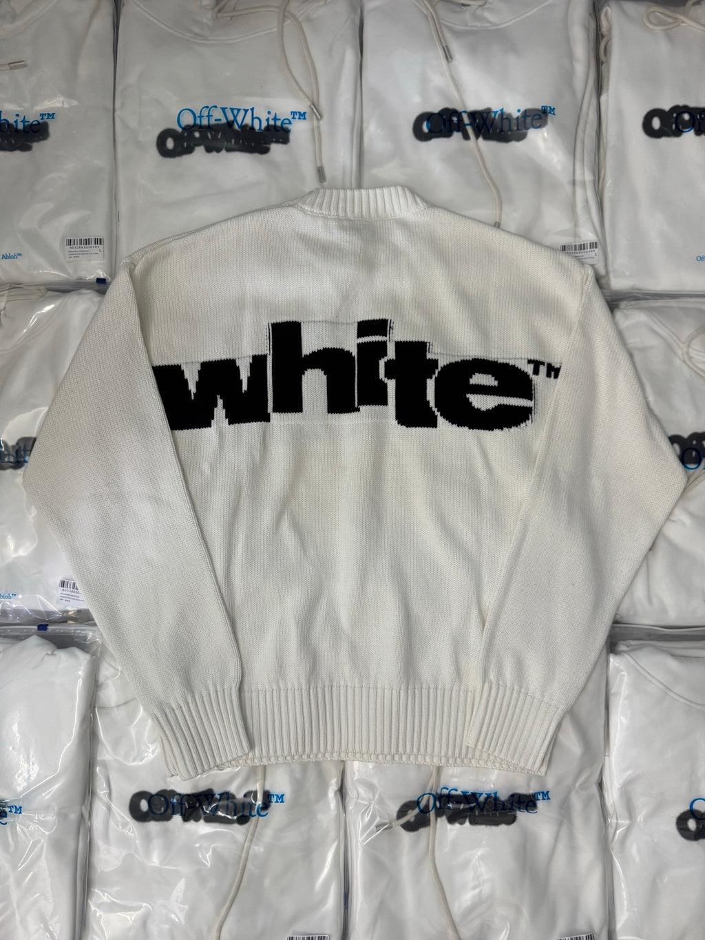 Off-White™ knit sweater back, off-white with large black "white" logo