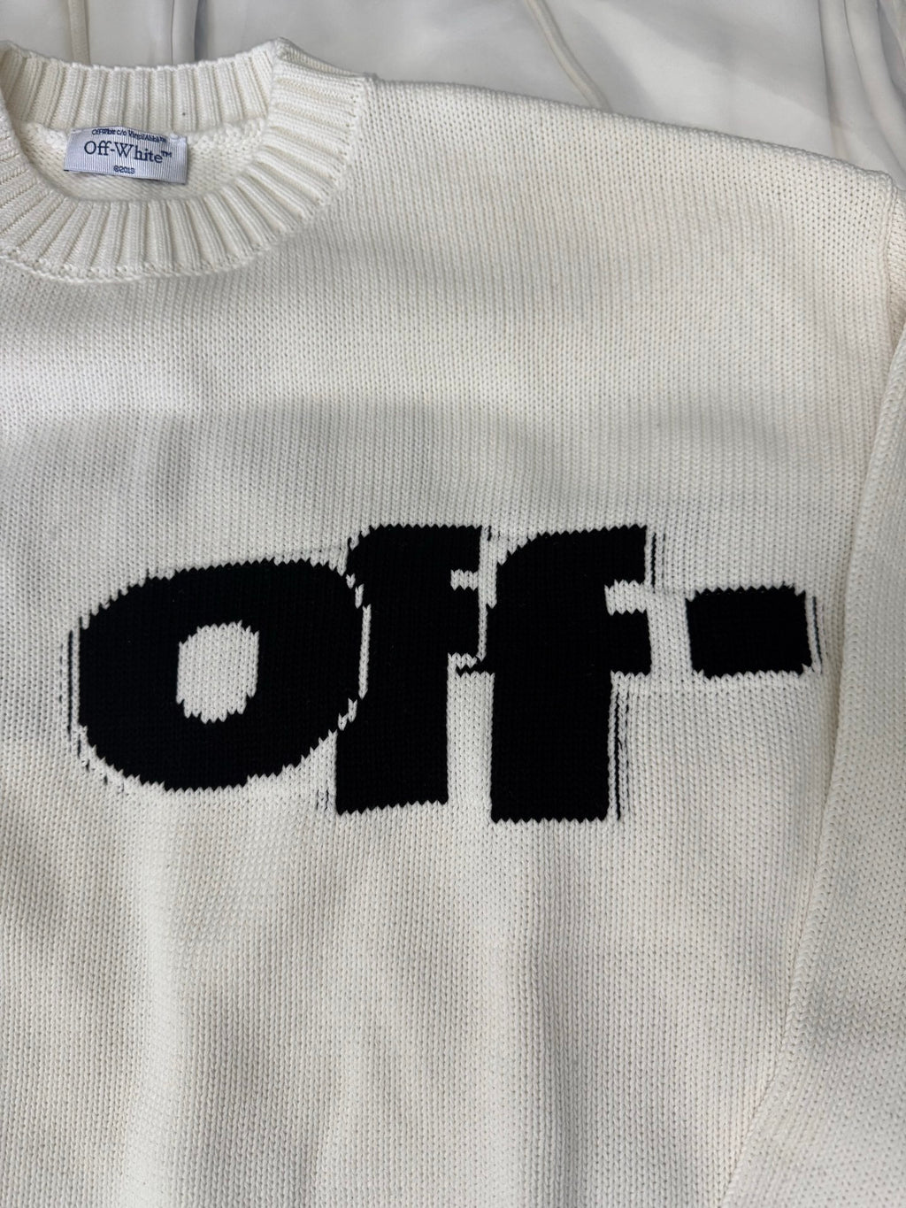 Off-White™ knit sweater, off-white with large black "off" logo across chest