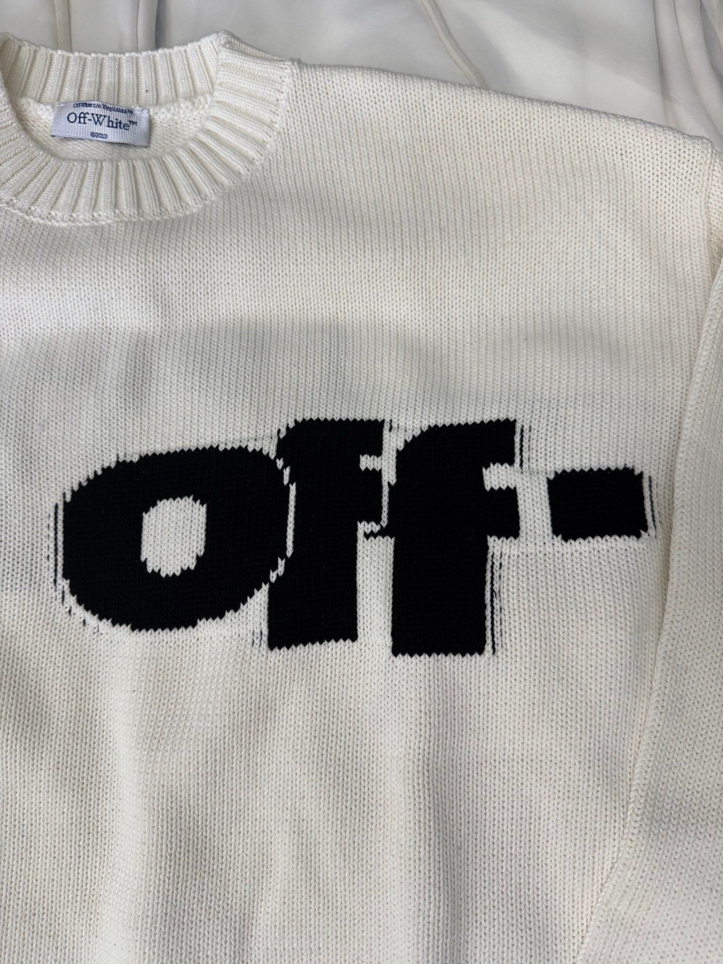 Off-White™ knit sweater, off-white with large black "off" logo across chest