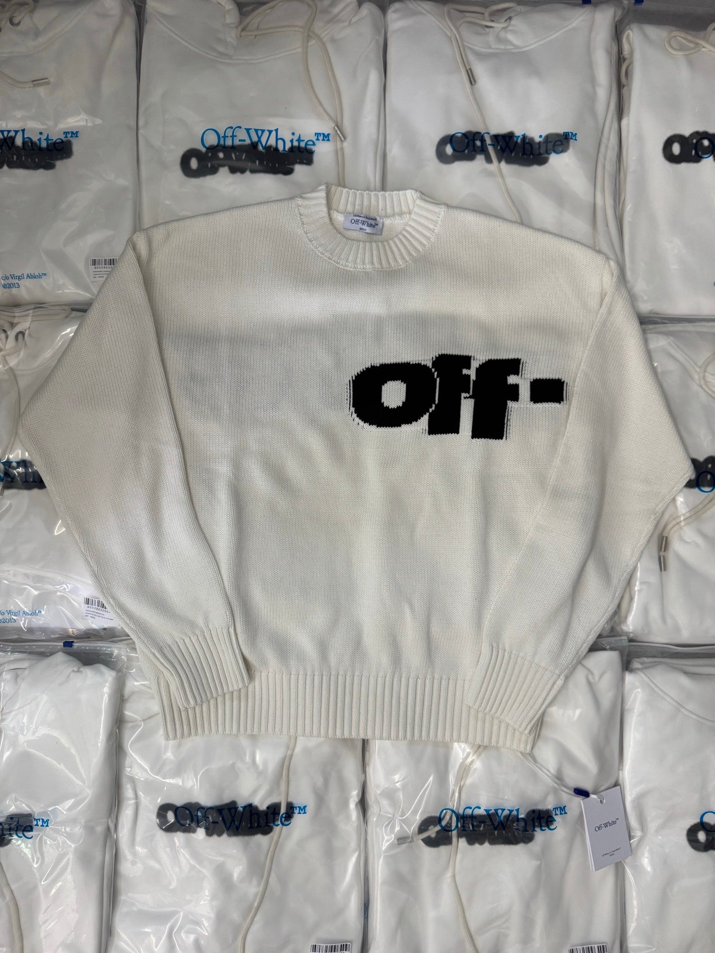 Off-White™ knit sweater, off-white with ribbed crew neck and black "off" logo on front