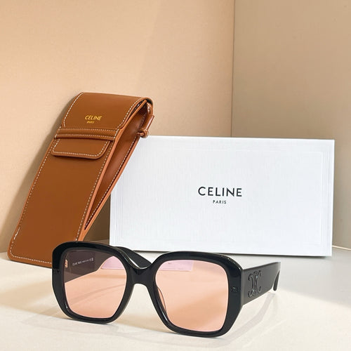 Black square sunglasses with purple-tinted lenses and Celine temple logo