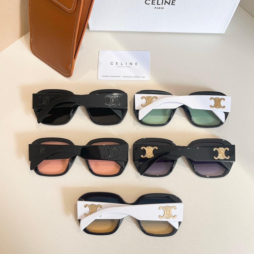 Assorted square sunglasses with black and white frames and multicolor lenses