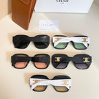 Assorted square sunglasses with black and white frames and multicolor lenses