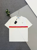 White short-sleeve T-shirt with red and yellow PRADA stripe and chest triangle logo