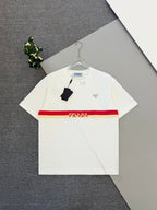 White short-sleeve T-shirt with red and yellow PRADA stripe and chest triangle logo