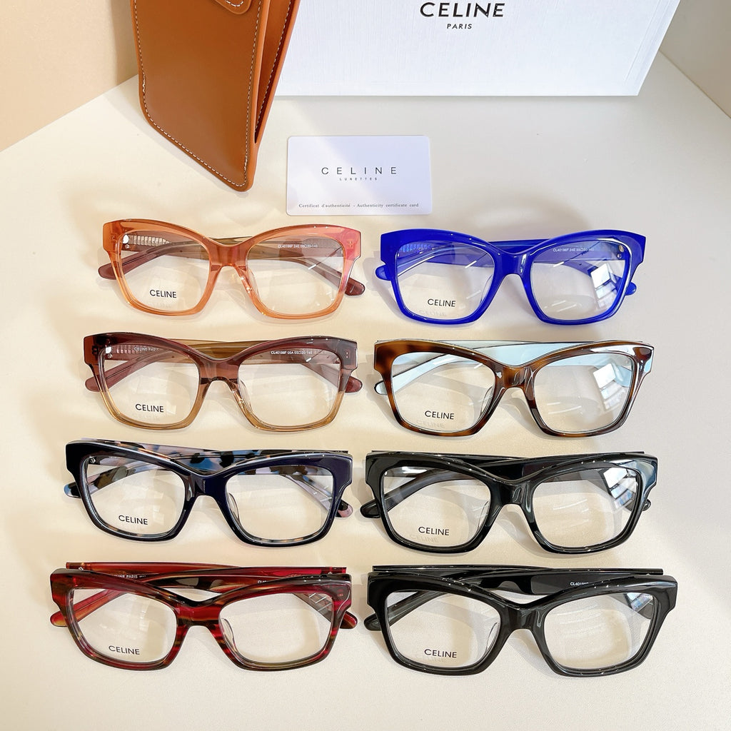 Celine glasses set with multiple frame colors: blue, red, tortoise, and black