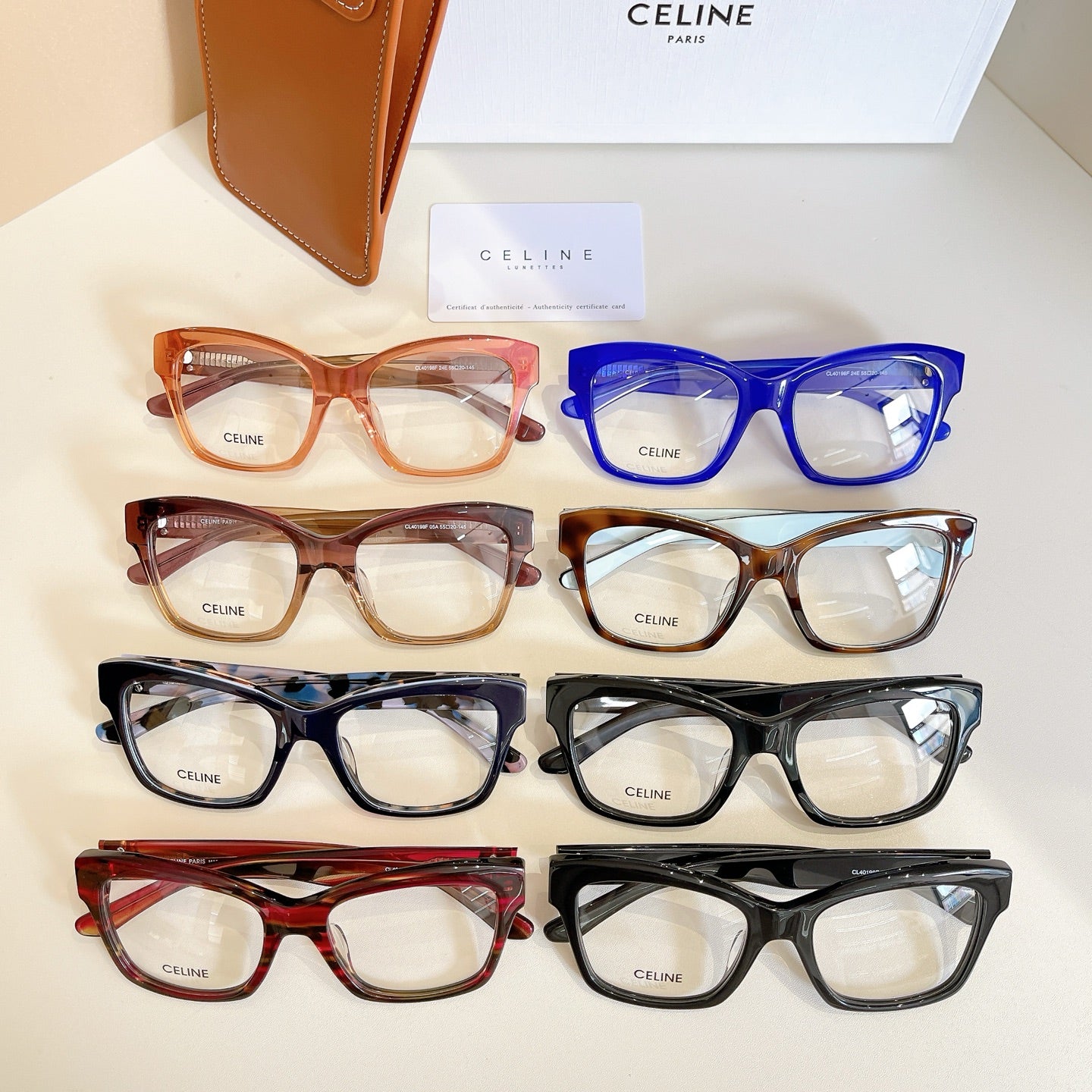 Celine glasses set with multiple frame colors: blue, red, tortoise, and black