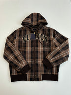 Brown plaid hooded zip jacket with bold LV logo on chest