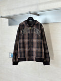 Brown plaid zip-up hooded jacket with black ribbed cuffs and LV logo
