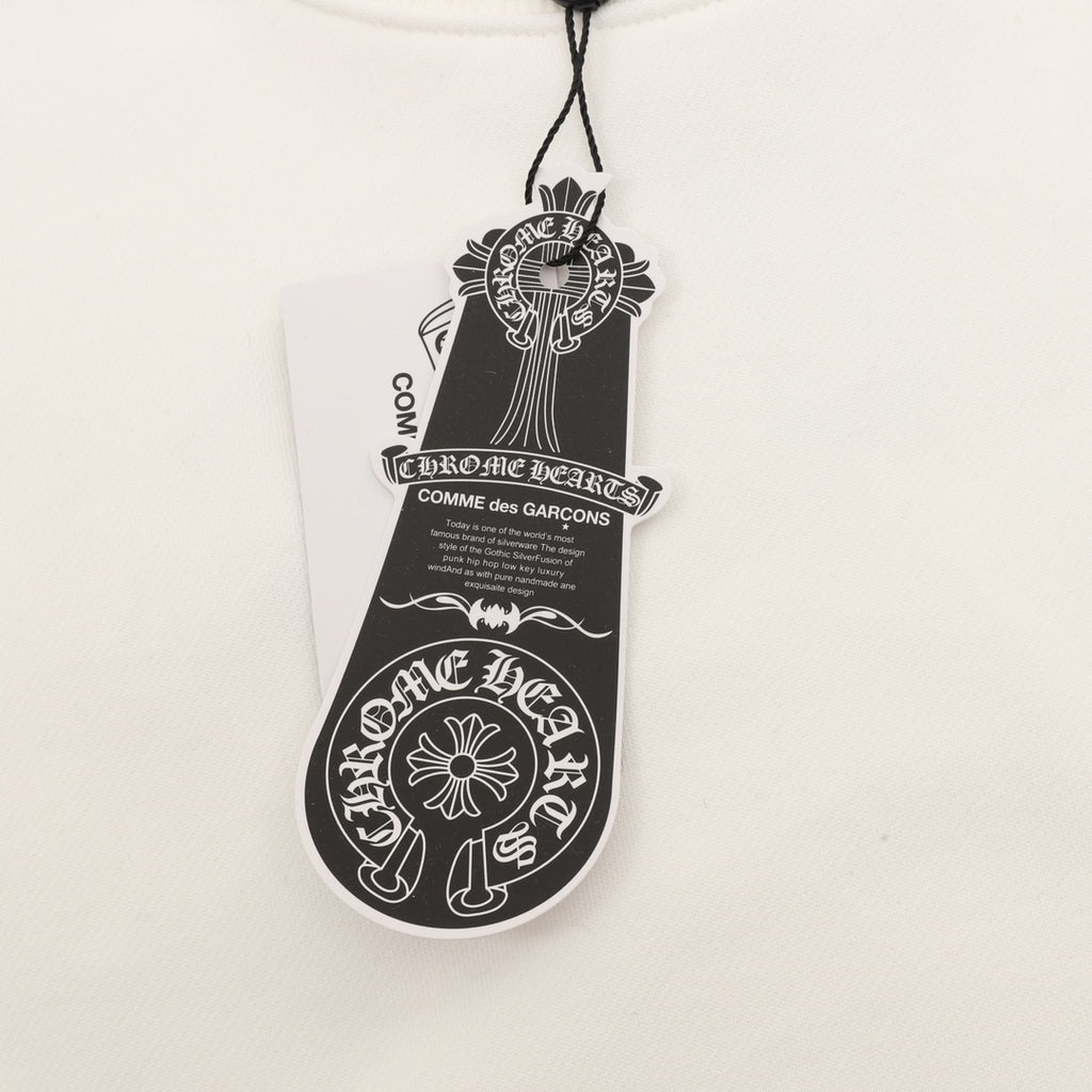 White sweatshirt with attached hanging product tag