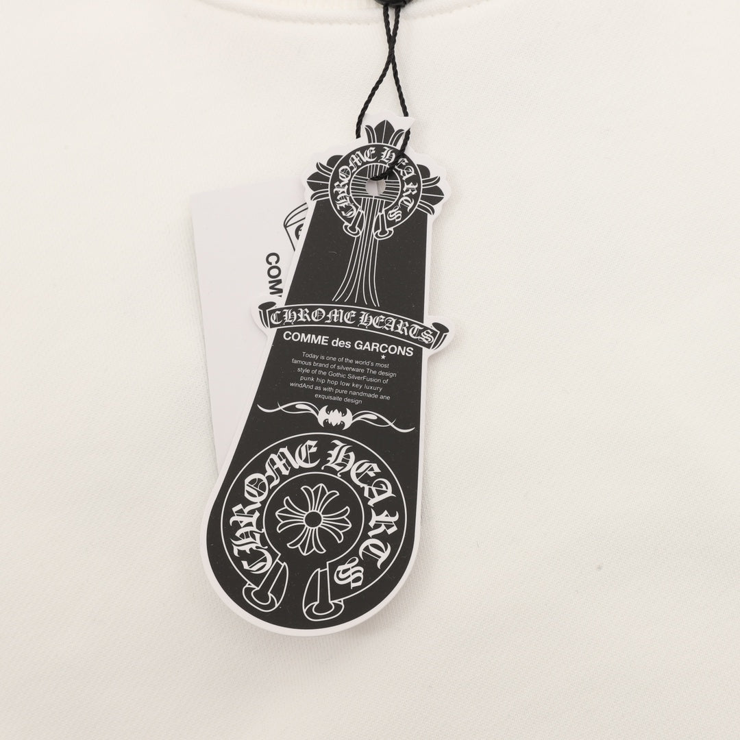 White sweatshirt with attached hanging product tag