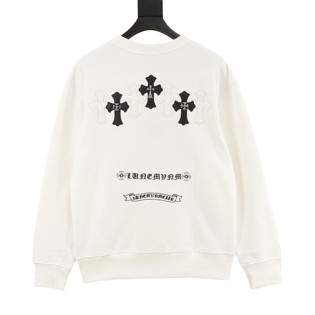 White long-sleeve sweatshirt with cross and typographic logo print on the back