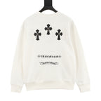 White long-sleeve sweatshirt with cross and typographic logo print on the back