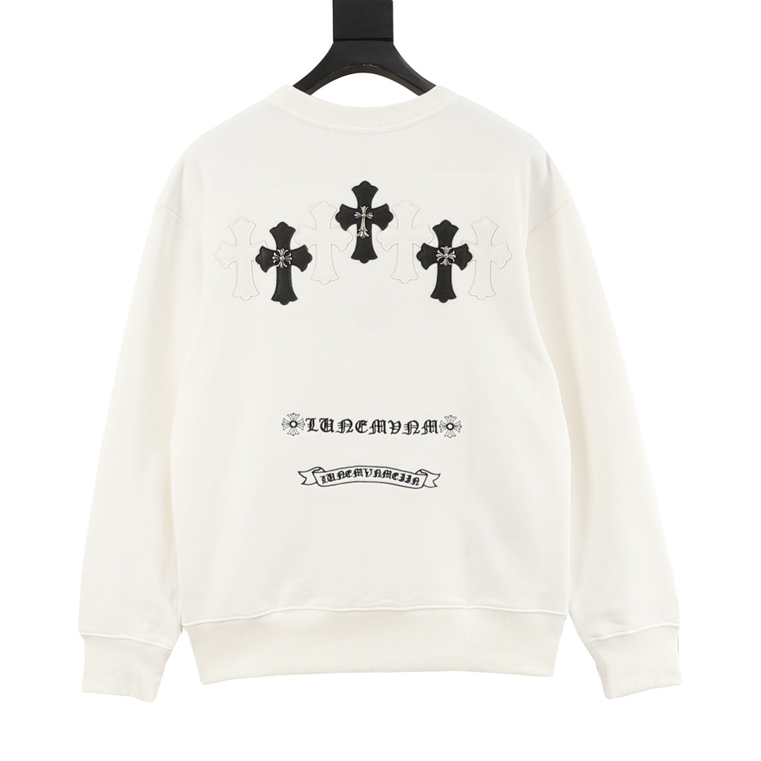 White long-sleeve sweatshirt with cross and typographic logo print on the back