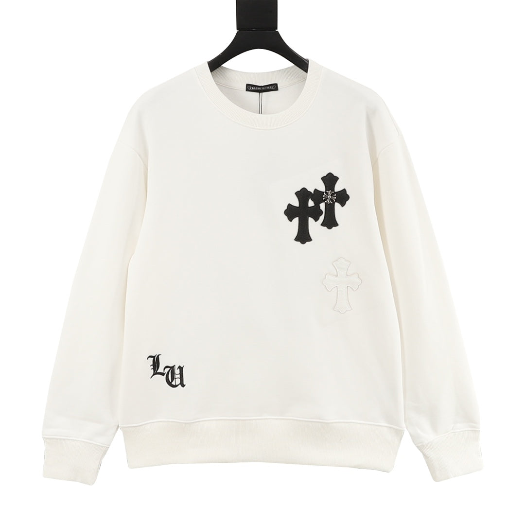 White long-sleeve sweatshirt with black cross graphic on the chest