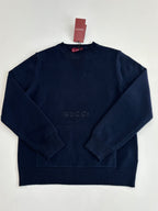 Navy long-sleeve knit pullover sweater with crew neck and Gucci logo near center