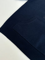 Navy long-sleeve knit sweater close-up of ribbing at shoulder and sleeve edge
