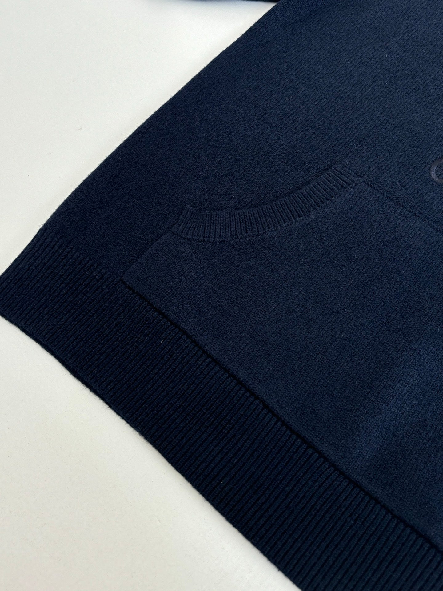 Navy long-sleeve knit sweater close-up of ribbing at shoulder and sleeve edge