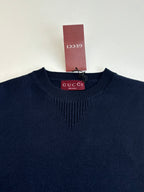 Navy ribbed crew-neck knit sweater with Gucci label at the collar