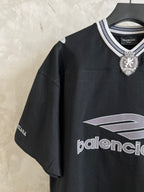 Balenciaga short-sleeve shirt with ribbed striped collar and crest badge