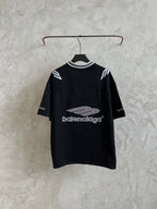 Black short-sleeve T-shirt with large Balenciaga graphic and striped collar