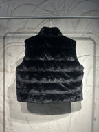 Black faux-fur puffer vest front view with stand collar.