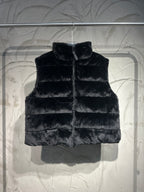 Black faux-fur puffer vest with stand collar and front zipper.