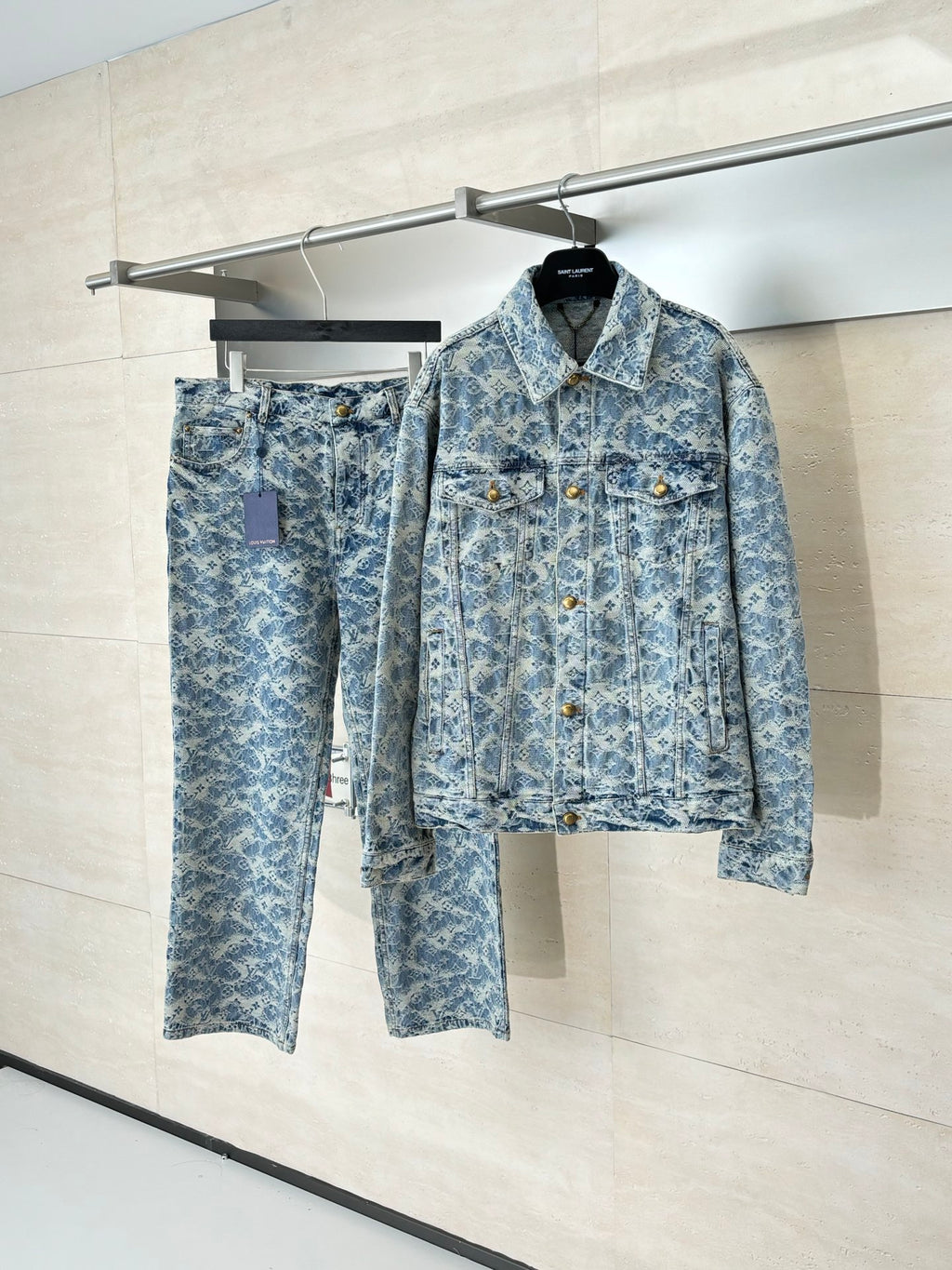 Blue denim jacket and matching denim pants set, allover monogram pattern, gold buttons